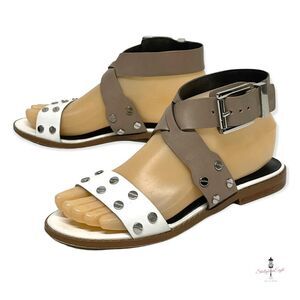 REBECCA MINKOFF Stam Ankle Wrap Nail Head Studded Sandals Flats White Taupe 6